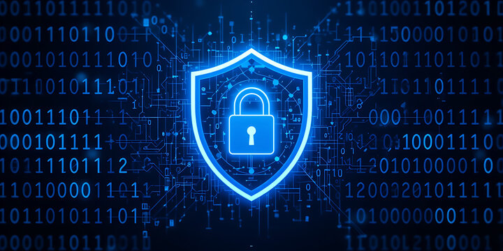 Digital shield with glowing lock symbol and binary code background