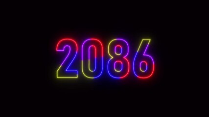 2086 neon line text. Abstract 2086 neon text animation ,For neon color Glowing neon number text background 4k video animation .Digital font against a dark background with neon line looping animation.