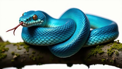 Obraz premium A vibrant blue snake coiled on a mossy branch with tongue extended