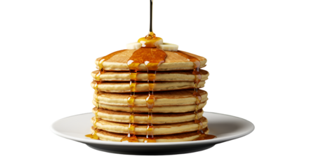 Isolated Photo Of Stacked Pancakes With Syrup And Butter On Transparent Background