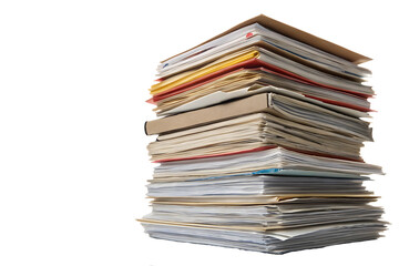 Mixed stack of papers, magazines, folders and documents in various colors and sizes, isolated on a transparent background