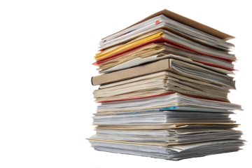 Mixed stack of papers, magazines, folders and documents in various colors and sizes, isolated on a transparent background