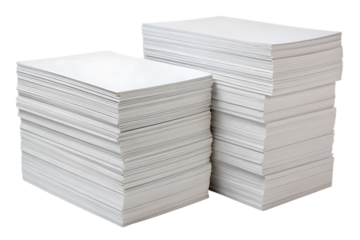 Two different sized stacks of white paper positioned next to each other showing height variation, isolated on a transparent background