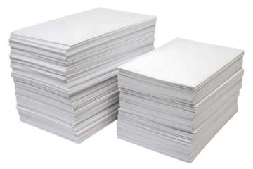 Two stacks of white paper sheets with one taller than the other in organized arrangement, isolated on a transparent background