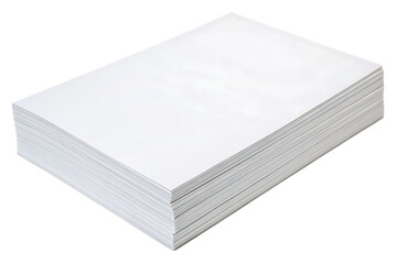 Single neat stack of white paper sheets arranged in perfect rectangular formation on surface, isolated on a transparent background