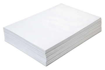 Single neat stack of white paper sheets arranged in perfect rectangular formation on surface, isolated on a transparent background