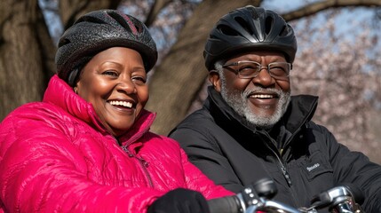 Happy Senior Couple Enjoying Leisure Time Together While Bicycling in a Park Under Cherry Blossom Trees