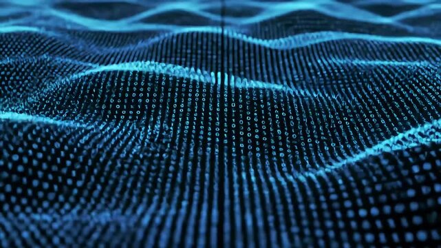 Digital code flows like waves, a binary ocean in cool blue hues