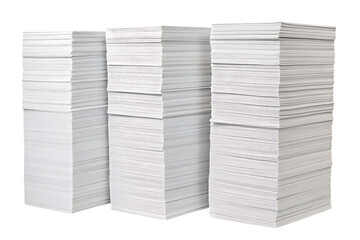 Four tall stacks of white paper documents arranged in row showing office paperwork volume, isolated on a transparent background