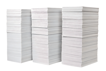 Four tall stacks of white paper documents arranged in row showing office paperwork volume, isolated on a transparent background
