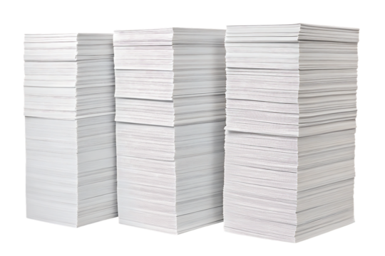 Four tall stacks of white paper documents arranged in row showing office paperwork volume, isolated on a transparent background