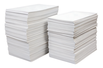 Two neat stacks of white paper documents placed parallel showing organized office materials, isolated on a transparent background