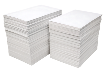 Two large neat stacks of white blank printer paper sheets organized side by side, isolated on a transparent background