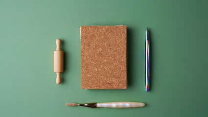 Artisan Baking Essentials Flat Lay of Rolling Pin, Cork Notebook, and Crafting Tools on a Green Background for Culinary Creativity and Recipe Development