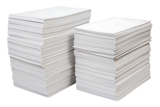 Two neat stacks of white paper documents placed parallel showing organized office materials, isolated on a transparent background