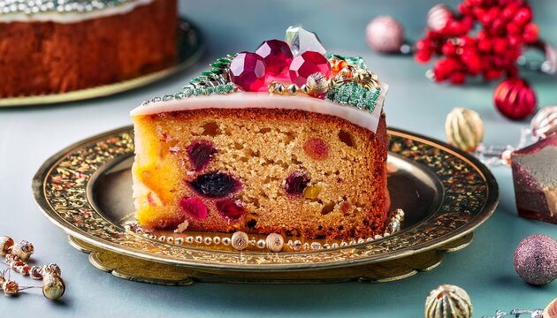 slice of fruitcake decorated with ruby jewelry on a decorative plate