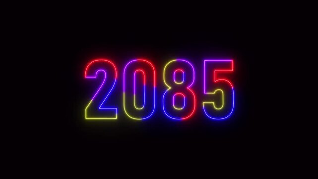 2085 neon line text. Abstract 2085 neon text animation ,For neon color Glowing neon number text background 4k video animation .Digital font against a dark background with neon line looping animation.