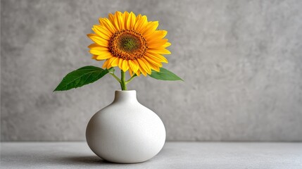 Bright Sunflower in Simple Vase Against Gray Background