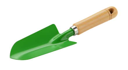 Isolated Photo of a Green Garden Trowel with Wooden Handle on Black Background