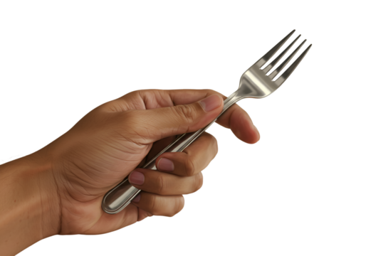 Isolated Photo Of A Hand Holding A Silver Fork Against Black Background