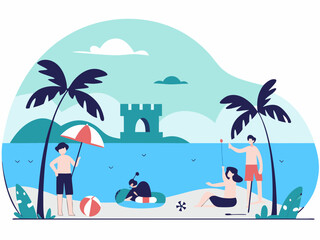 People Enjoying Summer Vacation on a Tropical Beach with Palm Trees