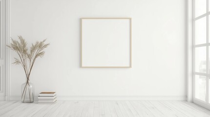 Fototapeta premium Blank horizontal poster frame mock up standing on white floor next to white wall with vase and books. Clipping path around poster. 3d illustration