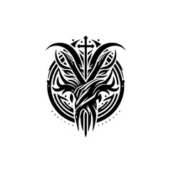 Intricate Black Tribal Design with a Central Sword and Horned Creature Motif.
