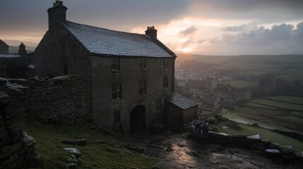 Historic stone house at dawn with misty landscape in the background and rural scenery in the countryside