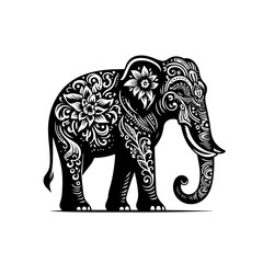Intricately Decorated Black Elephant Silhouette with Floral Patterns.