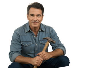 Isolated Photo Of A Man Holding Hammer Denim Shirt And Blue Jeans Portrait