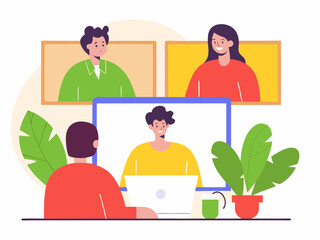 Online Meeting Illustration Three People Connecting Virtually Through Video Conferencing