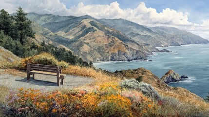 Fototapeta premium Serene Coastal Landscape with Bench Overlooking Ocean and Mountains