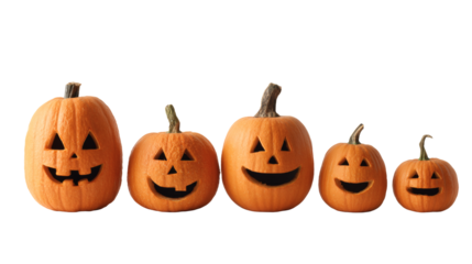A row of carved pumpkins with smiling faces, perfect for halloween celebrations and festivities