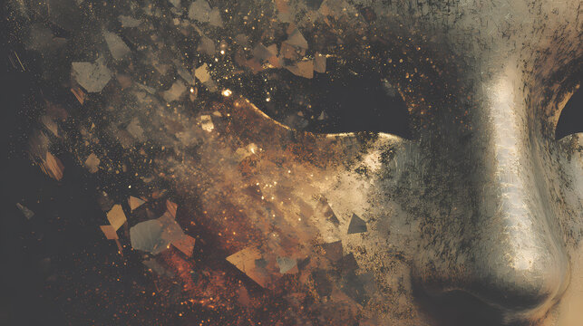 Mask embedded in field of fragmented vowels, warm graphite tone and noise halo, ideal for artistic logo studies. Illustration