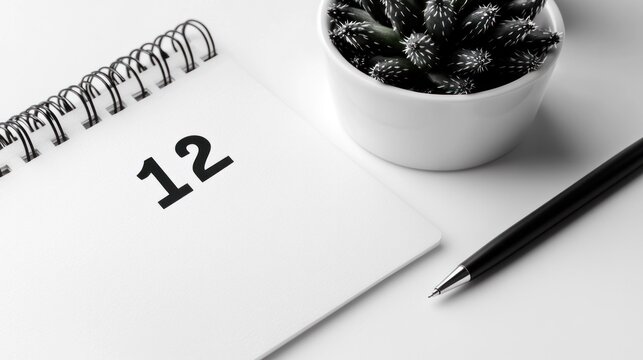 Minimalist Desk Setup with Calendar Page Showing Twelve, Potted Plant, and Black Pen on White Surface