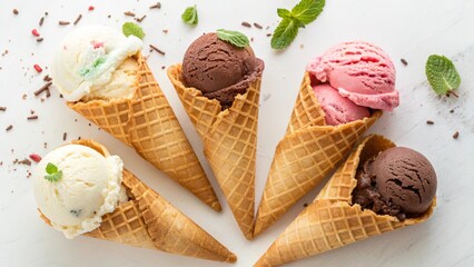 chocolate, vanilla and strawberry ice cream on waffle con