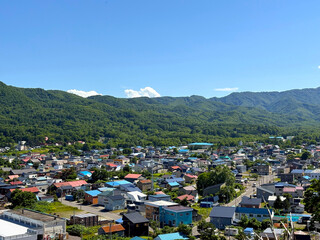 A panoramic view of a town nestled between forested hills under a clear sky. This charming town in Hokkaido is known for its historical streets, seafood, and scenic surroundings.