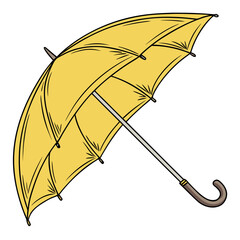 umbrella isolated on white background, Bright yellow umbrella with curved wooden handle—classic design perfect for rainy day themes, weather graphics, seasonal illustrations, or fashion accessories.