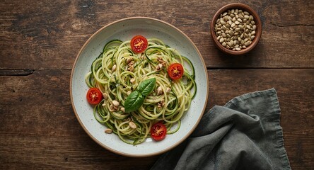 Zucchini noodles with tomatoes basil and nuts in a bowl on a wooden table top view food photography