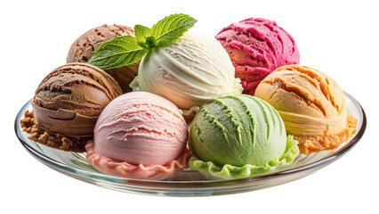 different sorts of ice cream on glass plate, transparent background