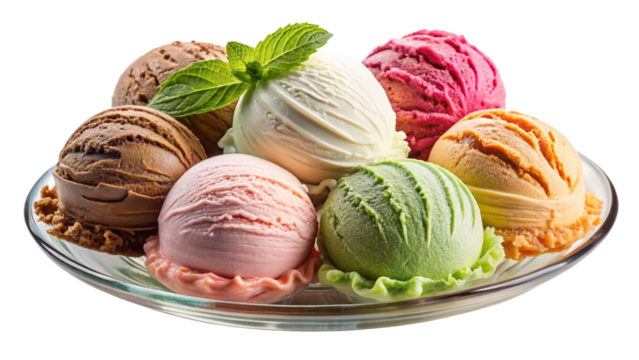 different sorts of ice cream on glass plate, transparent background