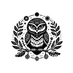 Fototapeta premium Ornate Black and White Owl Emblem with Laurel Branches and Celestial Elements.