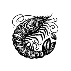Fototapeta premium Ornate Black and White Stylized Shrimp with Swirling Decorative Elements.