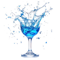 A blue tropical cocktail splash with vibrant blue liquid spraying and droplets flying off a glass on a crisp white backdrop. isolate on transparent background