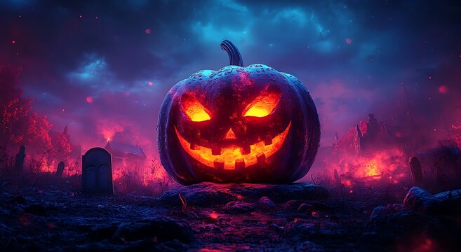 Spooky Jack O Lantern glowing in a dark haunted graveyard at night halloween pumpkin