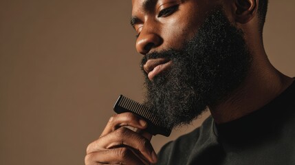 Man with a thick beard with a matte black comb under soft lighting on beige background