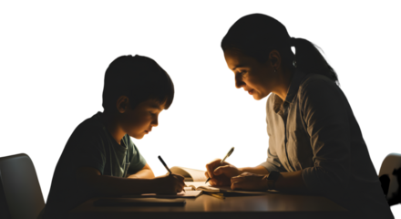 Photo Of Mother And Son Learning Together With Dark Lighting Transparent Background