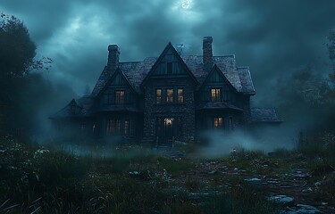 Spooky Victorian mansion at night with full moon and fog haunted house gothic