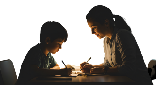 Photo Of Mother And Son Learning Together With Dark Lighting Transparent Background