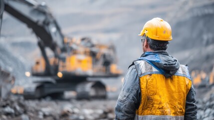 A construction worker wearing a yellow hard hat and safety vest observes heavy machinery operating at a mining site. The rugged landscape displays excavation activity and industrial equipment
